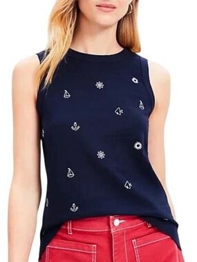LOFT Navy Nautical Embroidered Tank Top